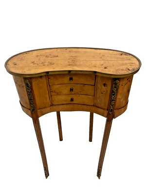 Kidney Table Nightstand Three Drawers Brass Accents Birdseye Maple French style - Image 1 of 4