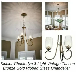 Kichler Chesterlyn 3-Light Vintage Tuscan Bronze Ribbed Glass Chandelier - Picture 1 of 12