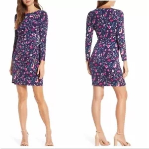 Eliza J Navy Blue Pink Floral Long Sleeve Ruched Wrap Mini Dress Career Size 6 - Picture 1 of 16