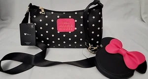 Disney Minnie Mouse Umhängetasche & Münzbeutel schwarz gepunktet mit rosa Schleife - Bild 1 von 6