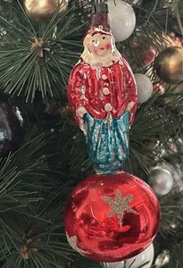 Vintage deutscher mundgeblasener Glas Clown auf einer Kugel Weihnachtsschmuck 4,75 Zoll - Bild 1 von 10