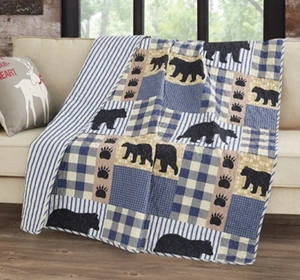 Black Bear Blue Plaid Reversible Soft Quilted Throw Blanket 50x60 in - Picture 1 of 3