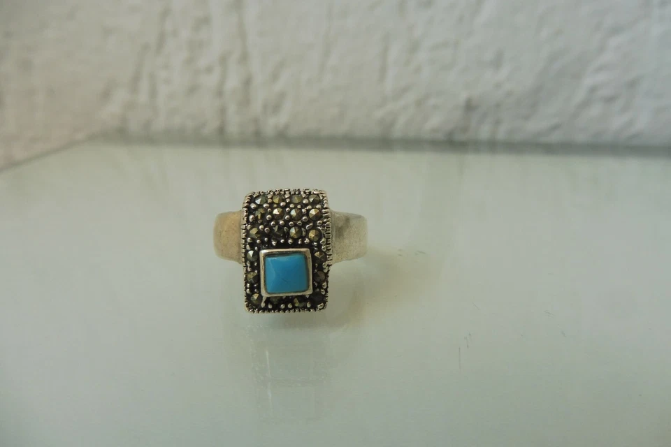 Bel Vecchio Anello In Argento, Argento 925 Con Turchese E Marcasite - Immagine 1 di 4