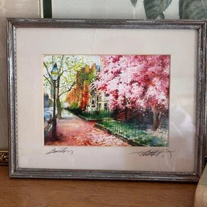 Vintage Charlie Wang Signed Framed Watercolor Boston Pink Magnolia Street Scene - Picture 1 of 9