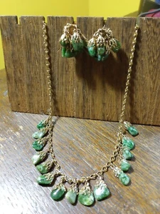 Vtg Aventurine Gemstone Filigree Bead Cap Cha Cha Dangle Necklace Earrings Set - Picture 1 of 18