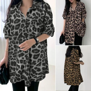 Womens Long Sleeve Leopard Printed Shirts OL Office Workwear Baggy Floral Tops - Picture 1 of 13