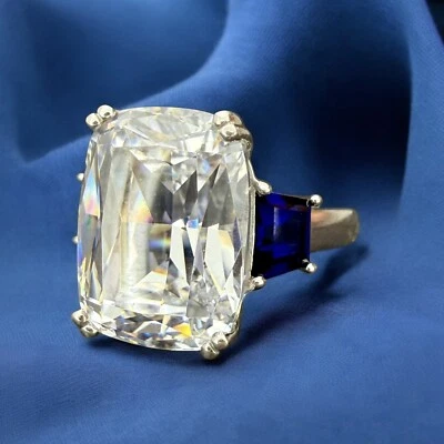 Clear & Blue CZ Large Statement Cocktail Ring - Sterling Silver - UK Ring Size P - Image 1 of 4