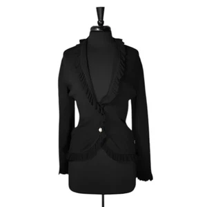 BCBGMAXAZRIA Women's Sweater Jacket Black Ruffle Pearl Rhinestone Cardigan M - Picture 1 of 10