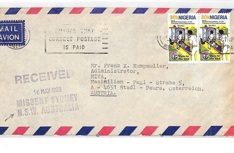 NIGERIA Austria Air Mail *MISSENT SYDNEY AUSTRALIA* Cover MIVA VEHICLES 1988 CF7 - Image 1 of 4