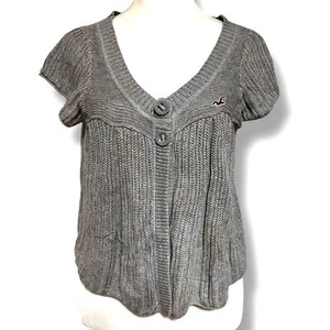 Y2k Hollister Charcoal Knit Button-Down short sleeve milkmaidl knit cardigan med - Picture 1 of 10