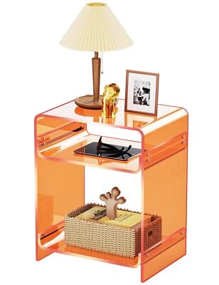 ACRYLIC END TABLE RECORD PLAYER TABLE WITH STORAGE SHELF CLEAR SIDE TABLE NIGHTS - Image 1 of 4