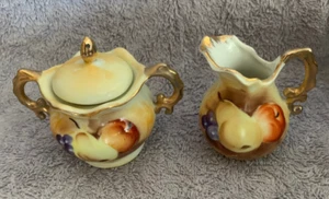 Vintage Enesco Japan Miniature Sugar & Creamer Set, Hand Painted Fruit,Gold Trim - Picture 1 of 5