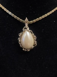 Vintage Teardrop Simulated Pearl Pendant On 14k Gold Plated Chain 24” Unique - Picture 1 of 19