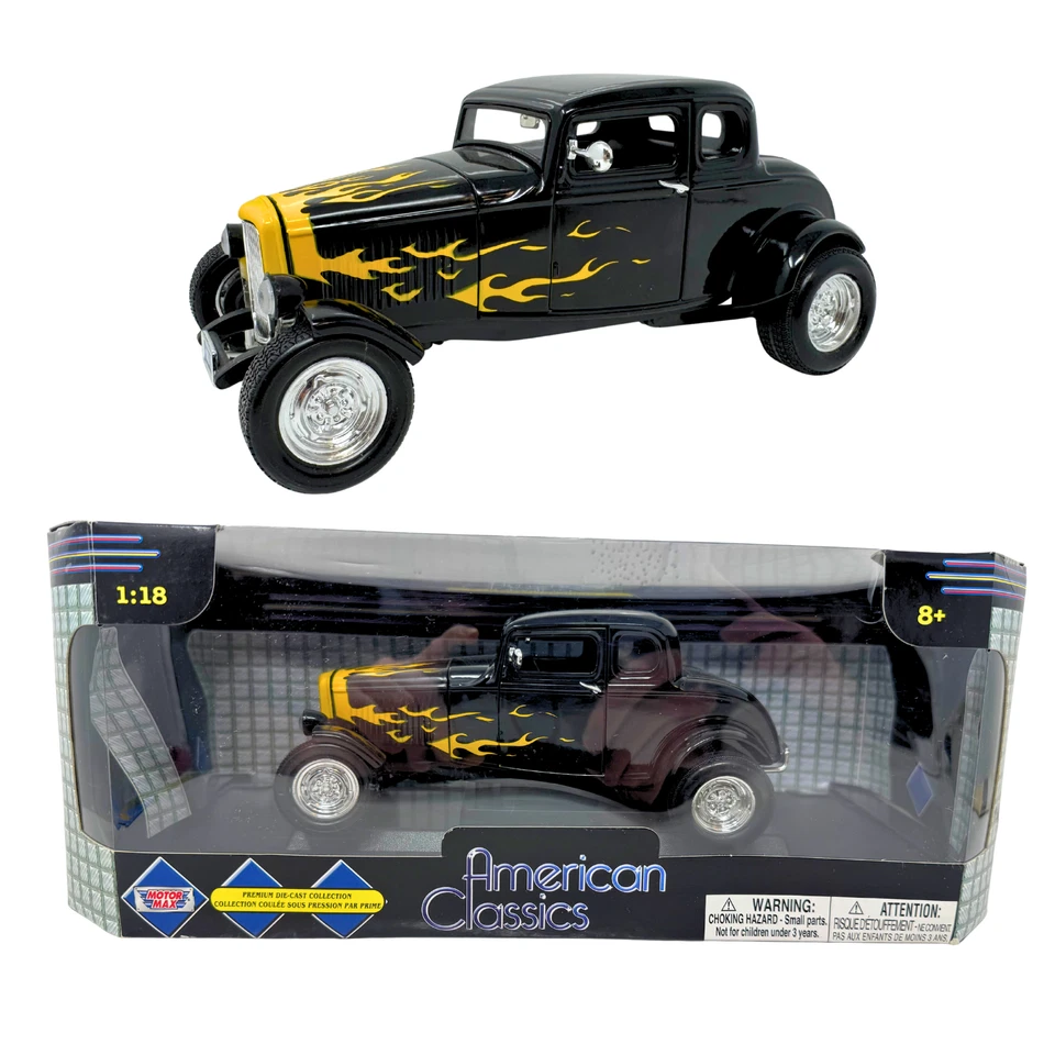 Motormax 1932 Ford Coupe Hot Rod Black w/ Flames 1:18 Diecast Car - Image 1 of 4