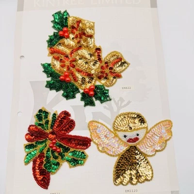 Lote de 3 lazos vintage de ángel acebo apliques de lentejuelas de Navidad con cuentas Foto 1 de 3