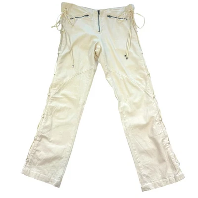 Calças laterais Versace marfim cintura baixa com cadarço - Imagem 1 de 4