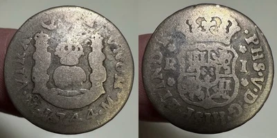 1744 Mexico 1 Real Silver Coin Circulated Philip V Mo M Pillars Globe Reales - Image 1 of 4