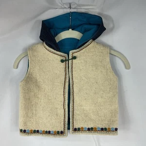 Handmade Hood Sweater Vest Boys 5 Beige Wool Blue Denim 1-Button No Pockets - Picture 1 of 6