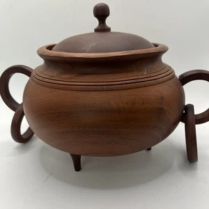 "Cuenco de madera tallado a mano vintage con asas de tapa y pies marrón oscuro rico 11x7""" - Imagen 1 de 10