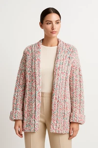 Women's Luxury Chunky Crochet Cardigan Multicolor Pastel Size L/XL - Picture 1 of 5