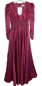 Mac Duggal Gown Dress Womens Size 2 Long Sleeve Satin Embellished Burgundy 11221 - Picture 1 of 12
