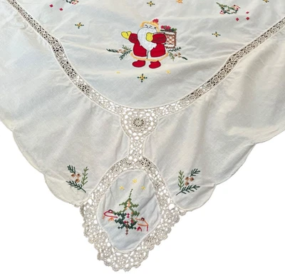VTG Embroidered Retro Christmas Tablecloth Santa Applique Crocheted Lace 47x62.5 - Image 1 of 4