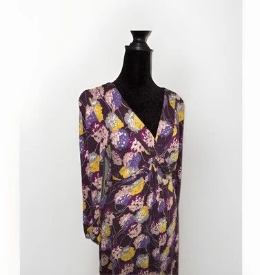 Boden Twist Front Printed Jersey Dress V-Neck Purple Floral - Size US 10, UK 14 - Image 1 of 4