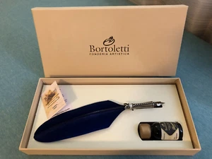 Bortoletti FEATHER QUILL PEN INK Box Set HANDMADE Made in Italy Blue feather - Picture 1 of 7