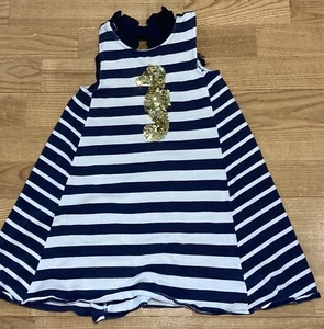Girl's Maggie & Zoe Navy Striped Gold Sequin Seahorse Knit Sundress Size 5 EUC - Picture 1 of 4