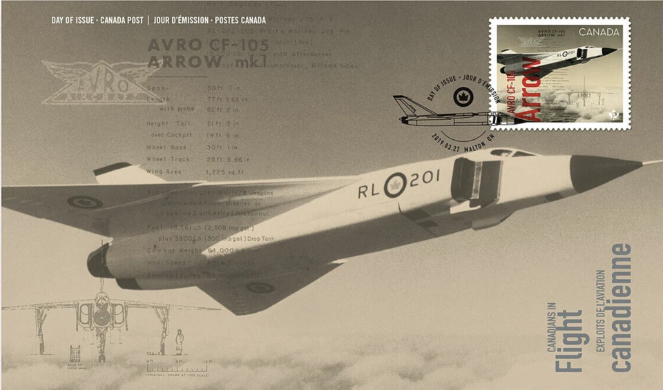 RARE 2019 CANADA  FDC  CANADIANS IN FLIGHT FIRST DAY COVER  AVRO CF-105 ARROW - Image 1 of 1
