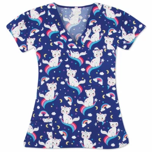 Nurse Scrubs-THREE Pockets V-Neck Top-UNICORN KITTY -NWT (M, L) soft, NWT - Picture 1 of 2