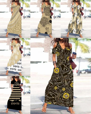 New Orleans Saints Cold Shoulder Dress Short Sleeve Sundresses Beach Maxi Dress Cover