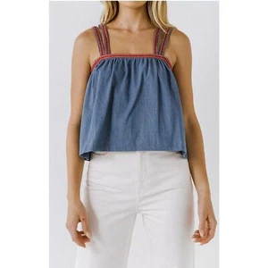 Anthropologie Endless Rose Women's Embroidery Detailed Denim Top, Size XS - Picture 1 of 10