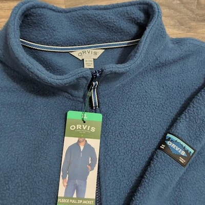 Chaqueta polar pesada Orvis para hombre cremallera completa azul VT logotipo de EE. UU. árboles de montaña Foto 1 de 4