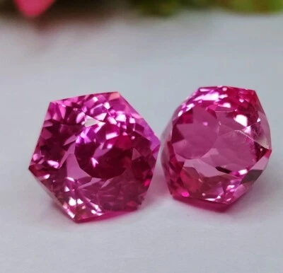 Lab-Created Pink Tourmaline Hexagon 12X12X8MM Flower Cut Gemstone For Ear Rings - Image 1 of 4
