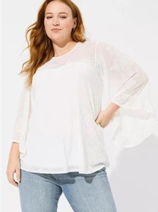Torrid beflocktes Swing-Top Bluse Netz Rundhalsausschnitt durchsichtig Glockenärmel weiß Plus 5X 5 - Bild 1 von 16