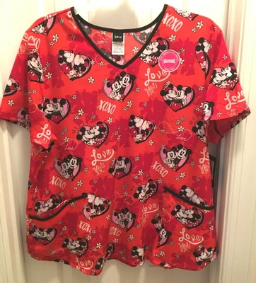 Disney Scrub Top Size XL-2XL Mickey & Minnie Red Love Hearts V-Neck Stretch Soft - Image 1 of 4