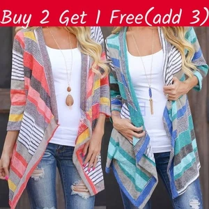 Elegant Asymmetrical Striped Cardigan With Three Quarter Sleeves For Autumn - Picture 1 of 11