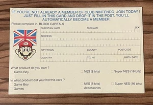 Super Nintendo SNES Club Nintendo Reg Registration Card SNSP-UKV - Picture 1 of 2