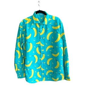 Men's Banana Print on Teal Aqua Blue Funky Casual Shirt Size Large - Picture 1 of 6