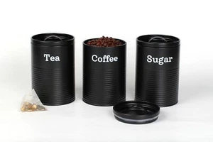 Set of 3 Tea, Coffee & Sugar Kitchen Storage Canisters Jars - Grey OR Black - Picture 1 of 12