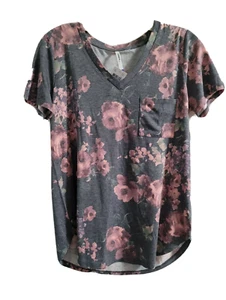 Tresics Sz S Gray/Pink Floral Rose Tee T-Shirt Top~NWT - Picture 1 of 2