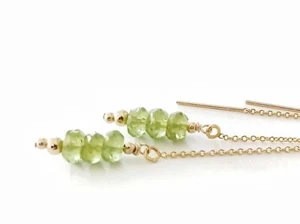 Peridot Faceted Rondelle Gold Plated Threader Drop Earrings For Birthday Party - Picture 1 of 9
