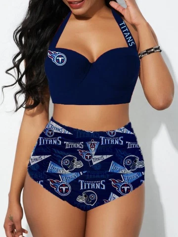 Tennessee Titans 2PCS High Waist Bikini Set Womens Beach Halter Low Cut Swimsuit Cover