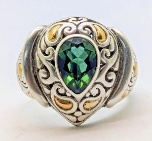 Vintage BJC Samuel Benham Faceted Green Stone Sterling and 18 Karat Bali Ring 9 - Picture 1 of 21