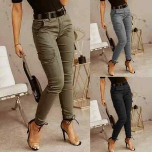 Women Pants Low Waist Soft Slim Solid Color Ankle Tied Cargo Pants - Picture 1 of 25