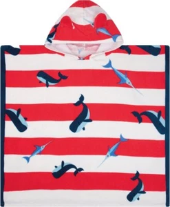 Swim Essentials Strandponcho mit Kapuze, Badeumhang rot weiß gestreift mit Walen - Bild 1 von 6