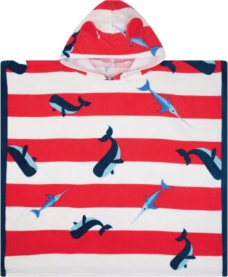 Swim Essentials Strandponcho mit Kapuze, Badeumhang rot weiß gestreift mit Walen - Bild 1 von 4