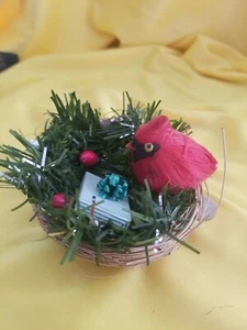 Vintage Real Feather Red Cardinal Bird in Nest with Eggs Holiday Ornament Wired - Picture 1 of 3