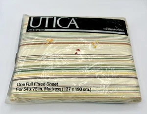 NOS Vintage Stevens Utica Completo Lenzuolo Marrone Rigato Sussurro Striscia Osso - Foto 1 di 6